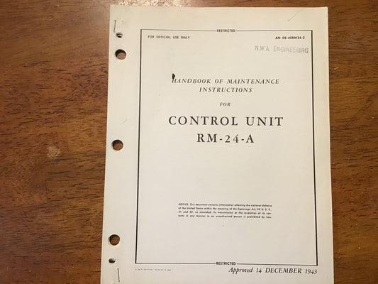 WWII Control Unit RM-24-A Maintenance Manual 1943 AN 08-40RM24-2 Restricted Army Air Forces