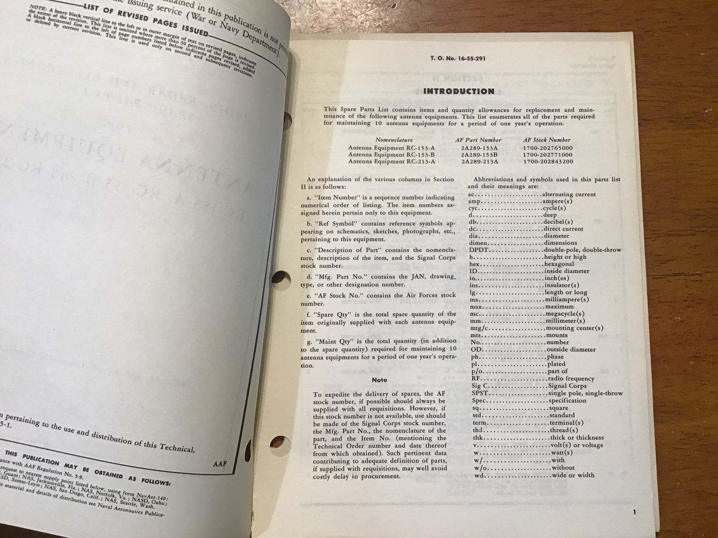 WWII RC-153-A RC-153-B RC-213-A Antenna Equipment Manual & Parts List Lot 1944-1946