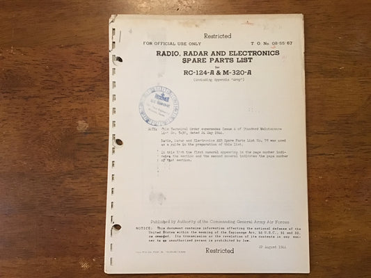WWII USAAF Radio Radar Electronics Spare Parts List Lot 4 T.O. 08-55-67/68/69/70 1944