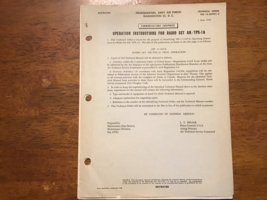WWII 1945 USAAF Technical Order 16-30TPS1-2 Radio Set AN/TPS-1A Supplement Manual Radar
