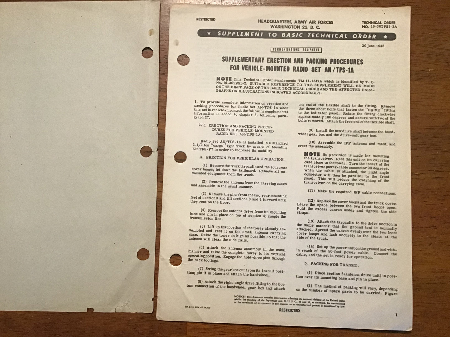 WWII 1945 USAAF Technical Order 16-30TPS1-2 Radio Set AN/TPS-1A Supplement Manual Radar