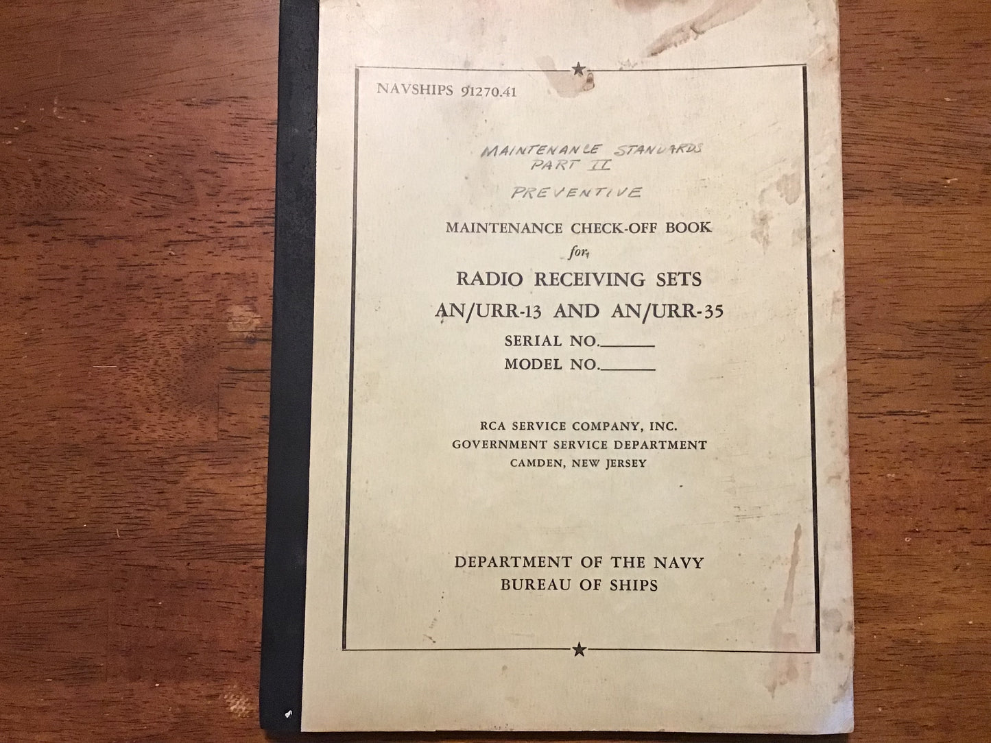 1954 US Navy NAVSHIPS 91270.41 AN/URR-13 AN/URR-35 Radio Receiving Sets Maintenance Check-Off Book