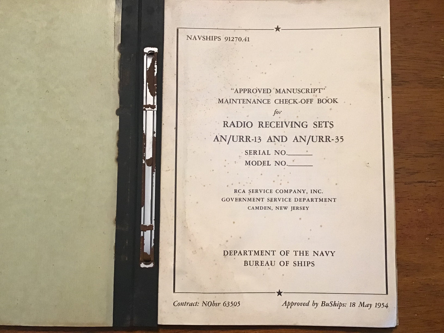 1954 US Navy NAVSHIPS 91270.41 AN/URR-13 AN/URR-35 Radio Receiving Sets Maintenance Check-Off Book