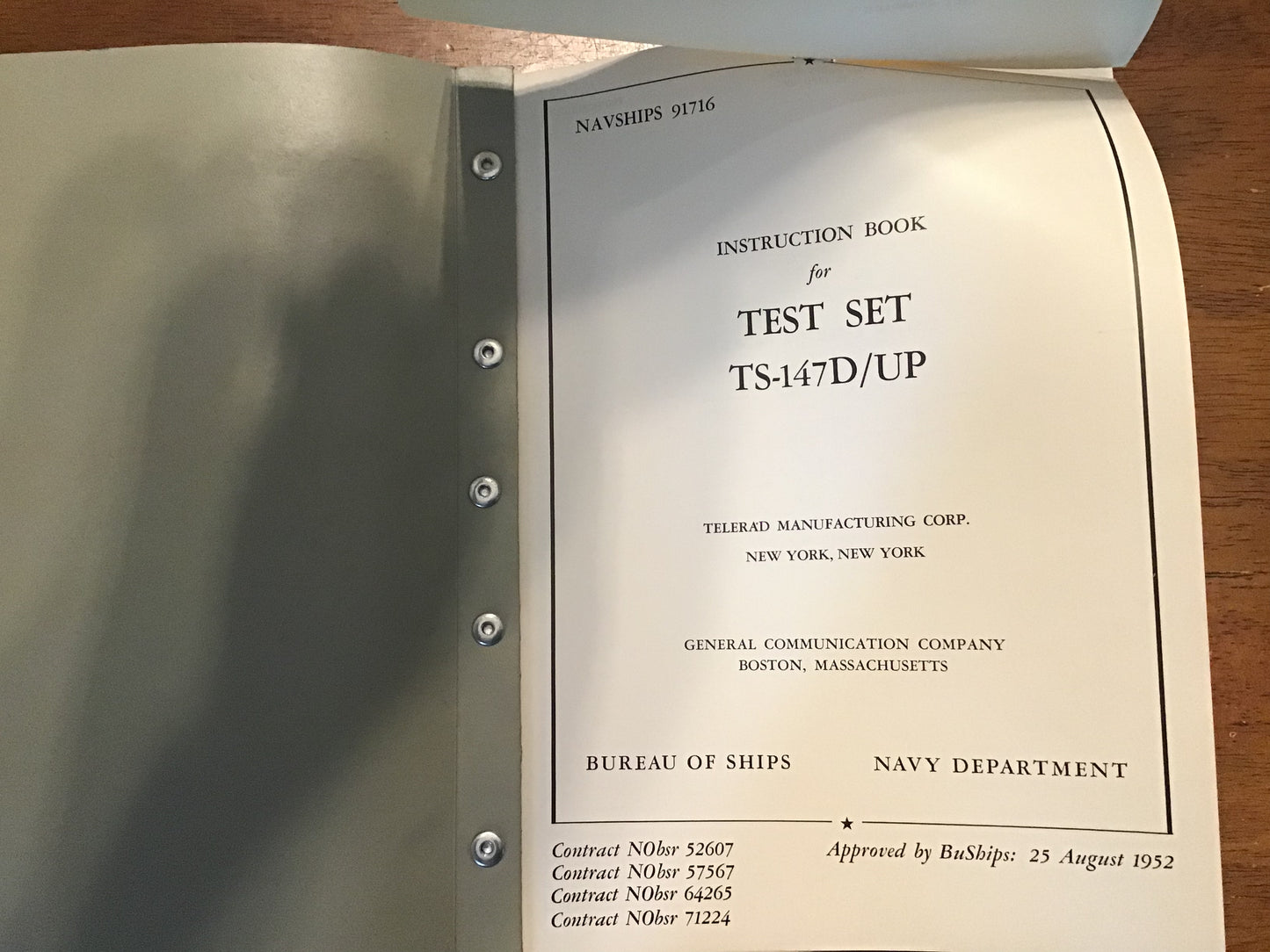 1952 US Navy NAVSHIPS 91716 Test Set TS-147D/UP Instruction Book BuShips Manual w/1956 Correction