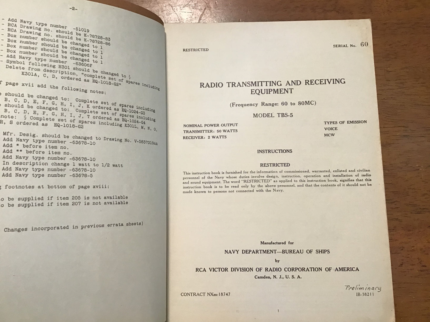 WWII US Navy RCA TBS-5 Radio Transmitting & Receiving Equipment Preliminary Manual Restricted
