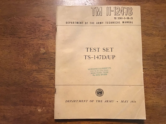 1956 TM 11-1247B Test Set TS-147D/UP US Army Technical Manual Radar Communications