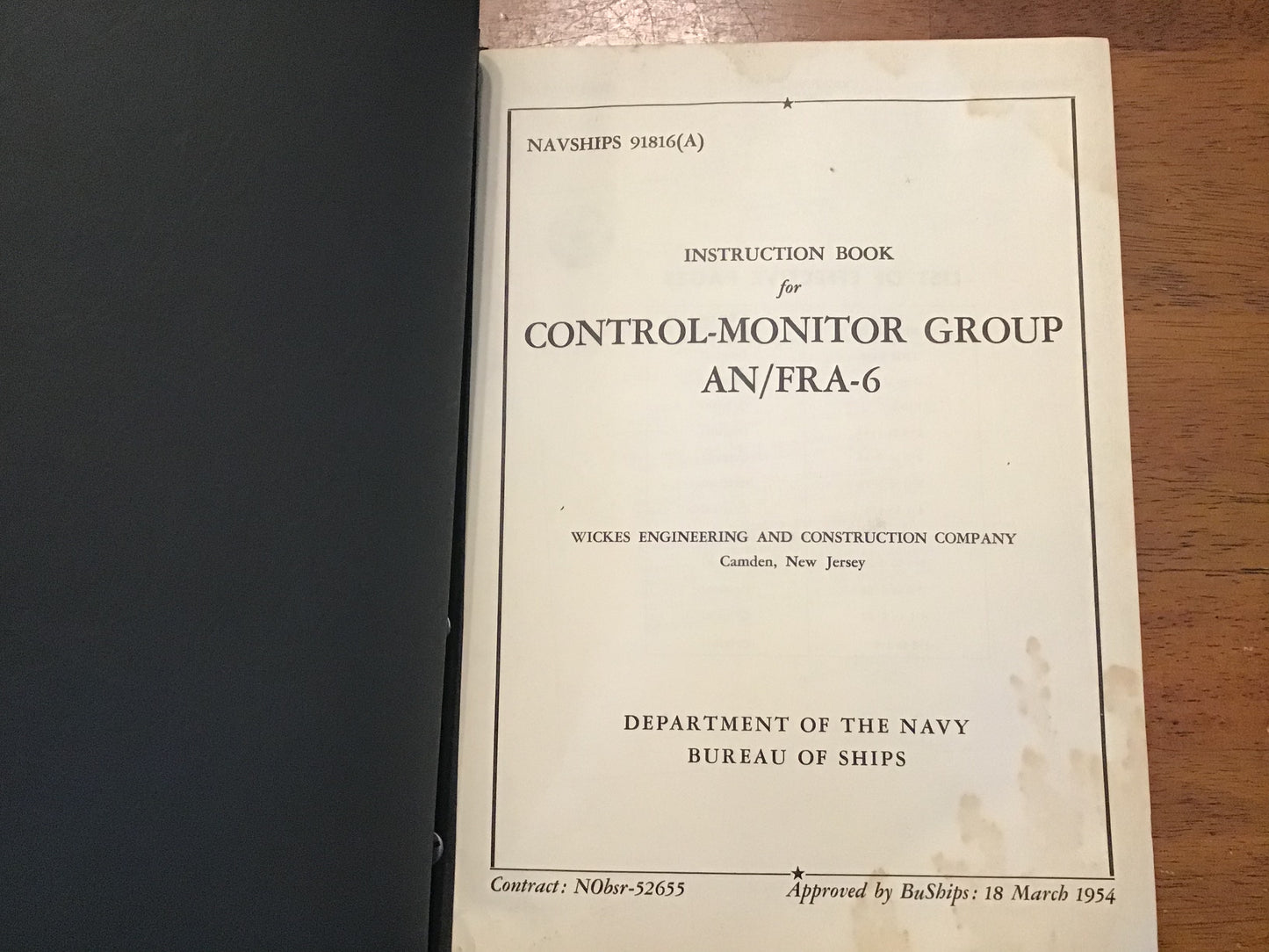 1954 US Navy NAVSHIPS 91816(A) AN/FRA-6 Control-Monitor Group Instruction Book BuShips