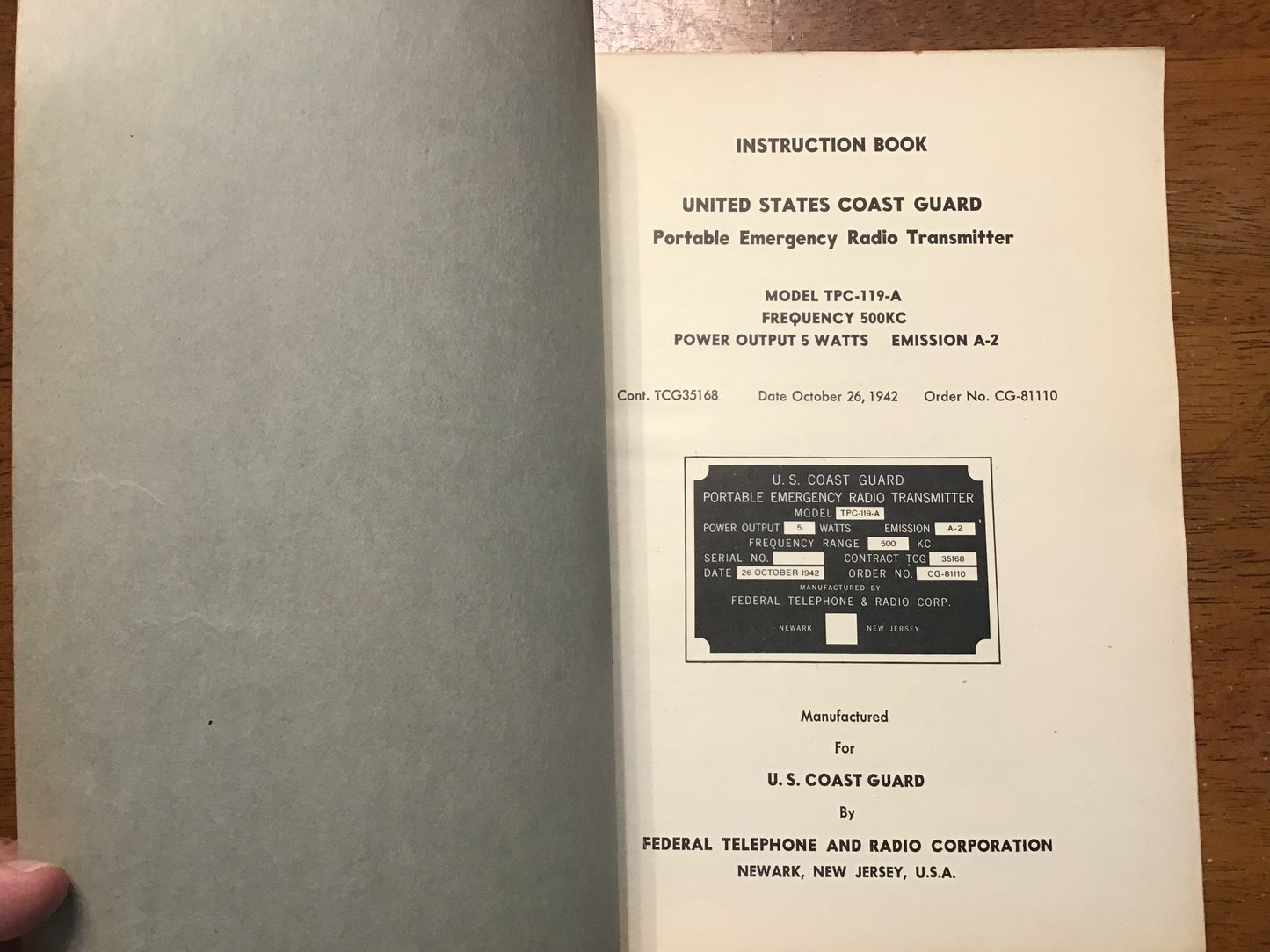 Rare 1942 US Coast Guard TPC-119-A Emergency Radio Transmitter Instruction Manual