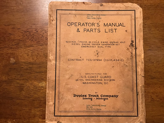 Vintage US Coast Guard 62.5 KVA Diesel Generator Operator’s Manual Duplex Truck Co LORAN