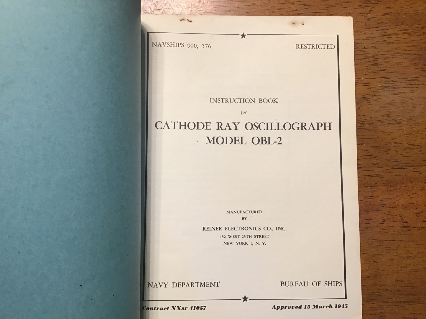 WWII US Navy NAVSHIPS 900-576 Cathode Ray Oscillograph OBL-2 Manual 1945 USS Oceanus