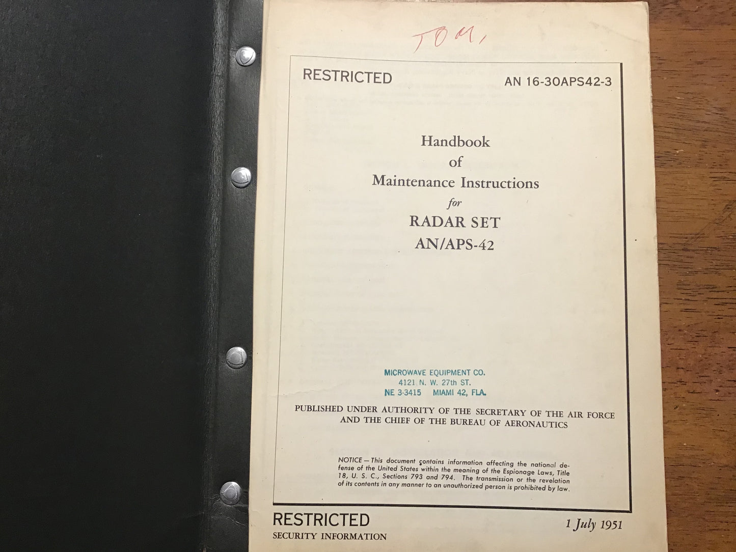 Korean War USAF AN/APS-42 Radar Set Maintenance Handbook AN 16-30APS42-3 1951 Restricted