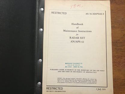 Korean War USAF AN/APS-42 Radar Set Maintenance Handbook AN 16-30APS42-3 1951 Restricted