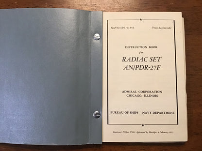 1953 U.S. Navy NAVSHIPS 91856 Instruction Book for Radiac Set AN/PDR-27F Radiation Detector Manual