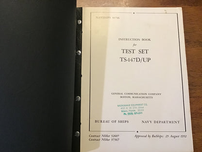 1952 U.S. Navy NAVSHIPS 91716 Instruction Book for Test Set TS-147D/UP Radar Test Equipment Manual