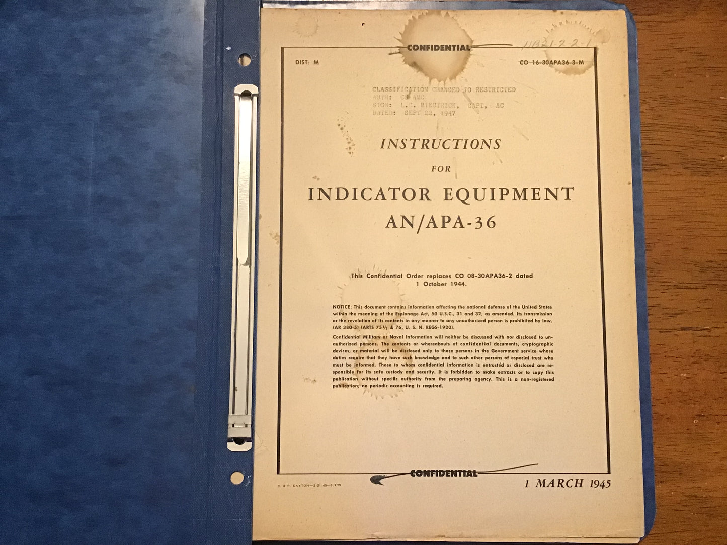 WWII 1945 USAAF AN/APA-36 Radar Indicator Equipment Manual Confidential Restricted