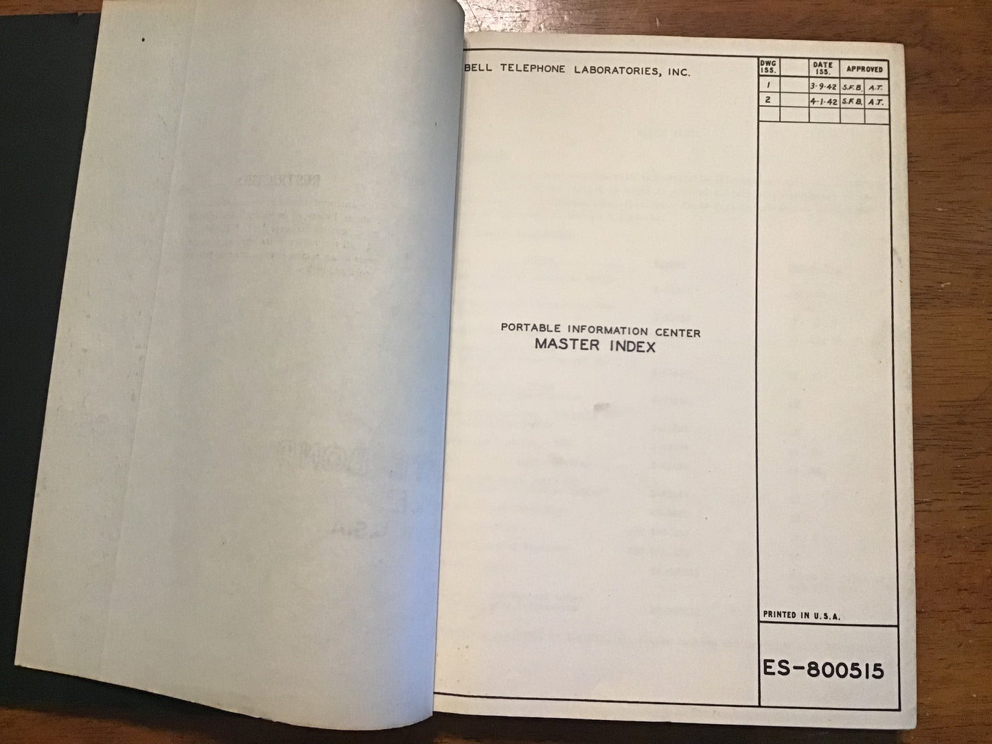 WWII Bell Telephone Laboratories Portable Information Center Master Index ES-800515