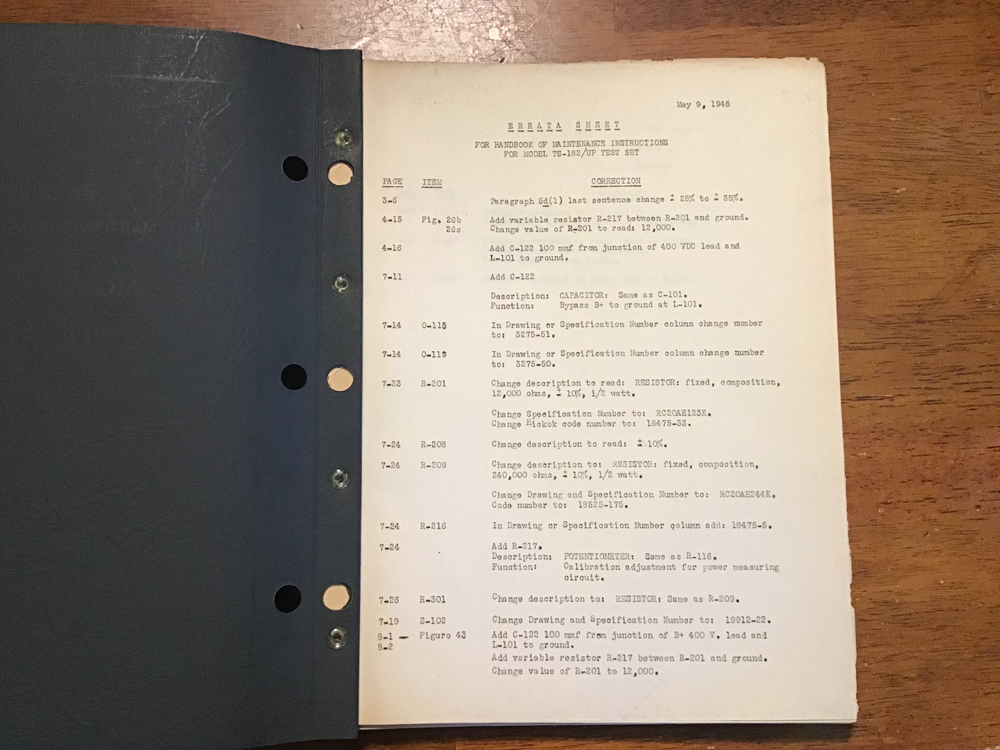 WWII 1945 TS-182/UP Test Set Maintenance Manual IFF Radar Restricted w/ Errata