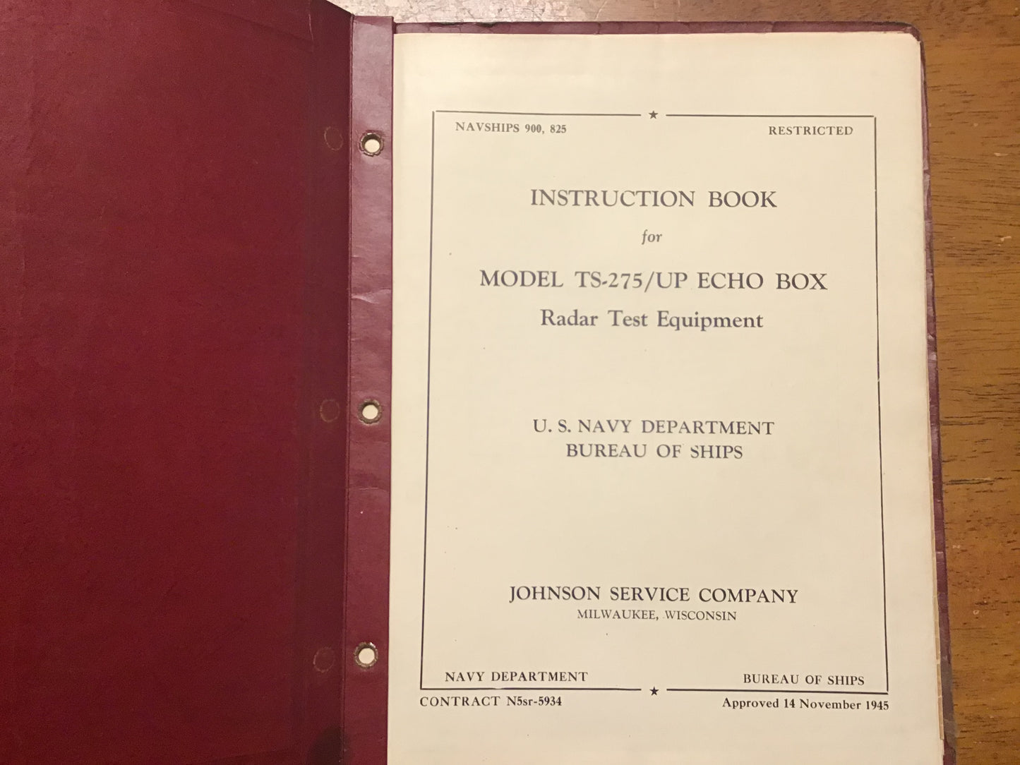 WWII U.S. Navy NAVSHIPS 900-825 Model TS-275/UP Echo Box Radar Test Equipment Instruction Book (Restricted) – 1945