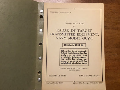 Cold War U.S. Navy NAVSHIPS 91,011 Vol. 1 Radar DF Target Transmitter Equipment Navy Model OCY-1 Manual (1947)