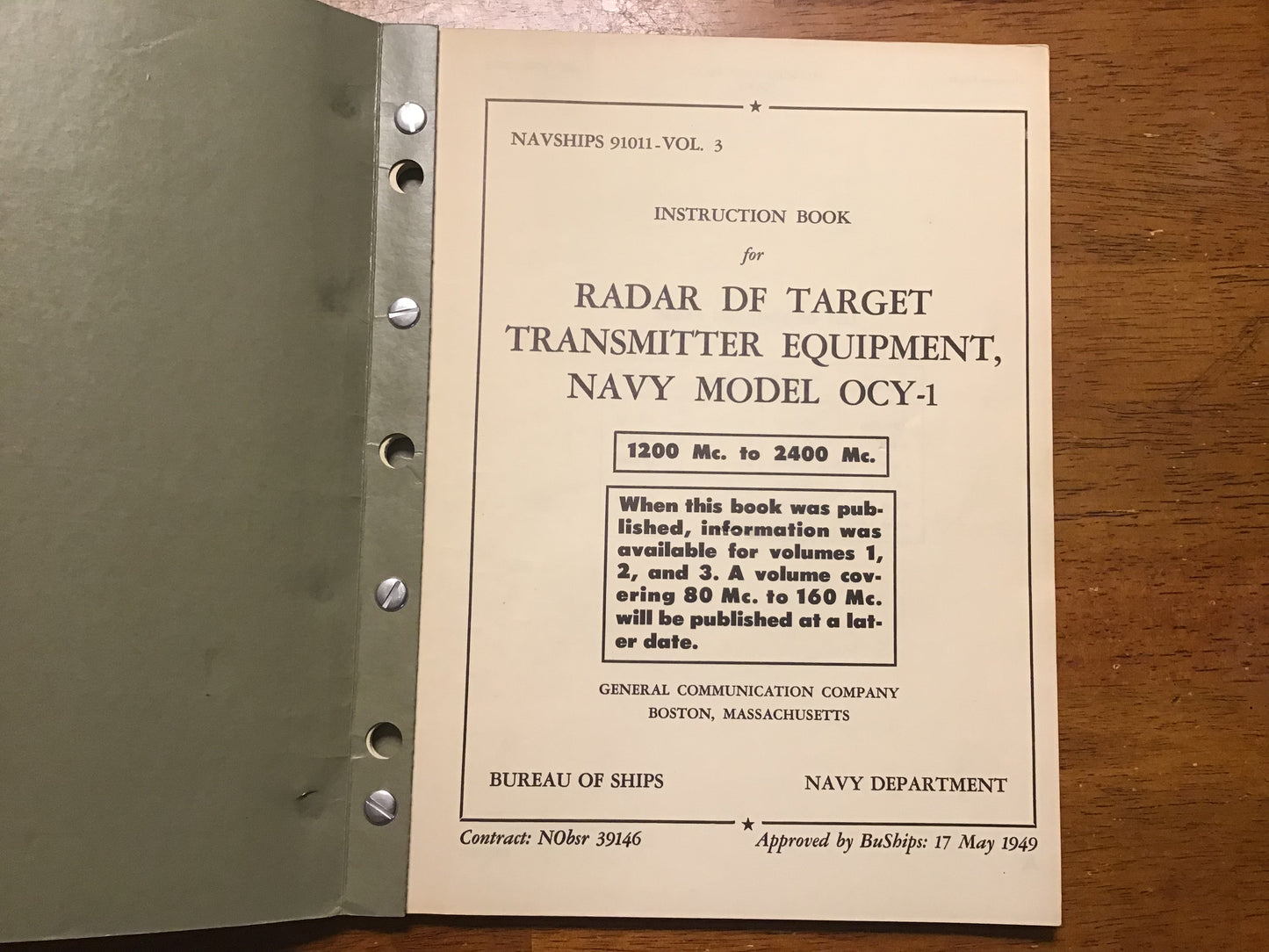 Cold War U.S. Navy NAVSHIPS 91011 Vol. 3 Radar DF Target Transmitter Equipment Navy Model OCY-1 Manual (1200–2400 Mc.)