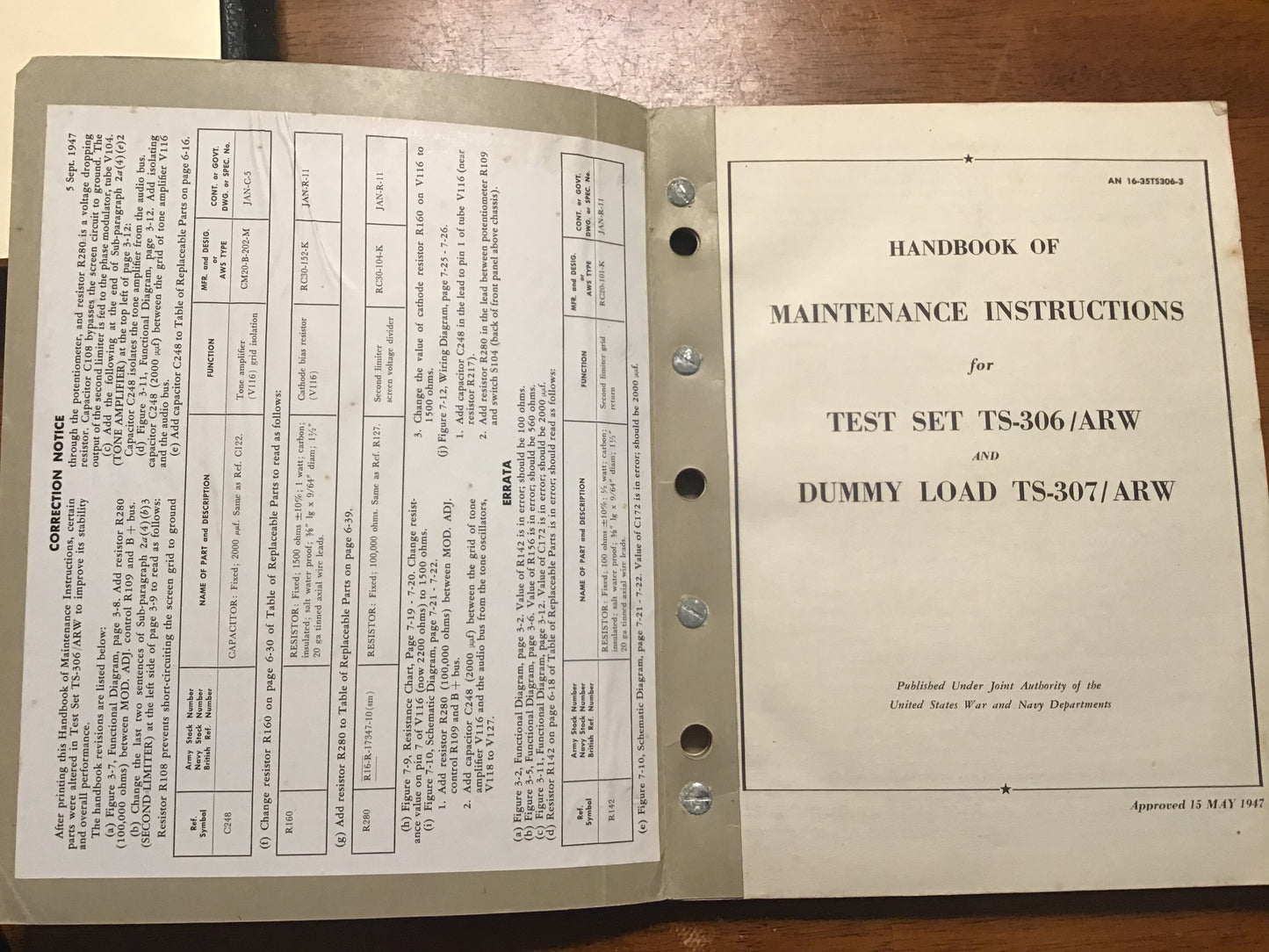 WWII U.S. Army-Navy AN 16-35TS306-3 Test Set TS-306/ARW & Dummy Load TS-307/ARW Maintenance Handbook (1947)