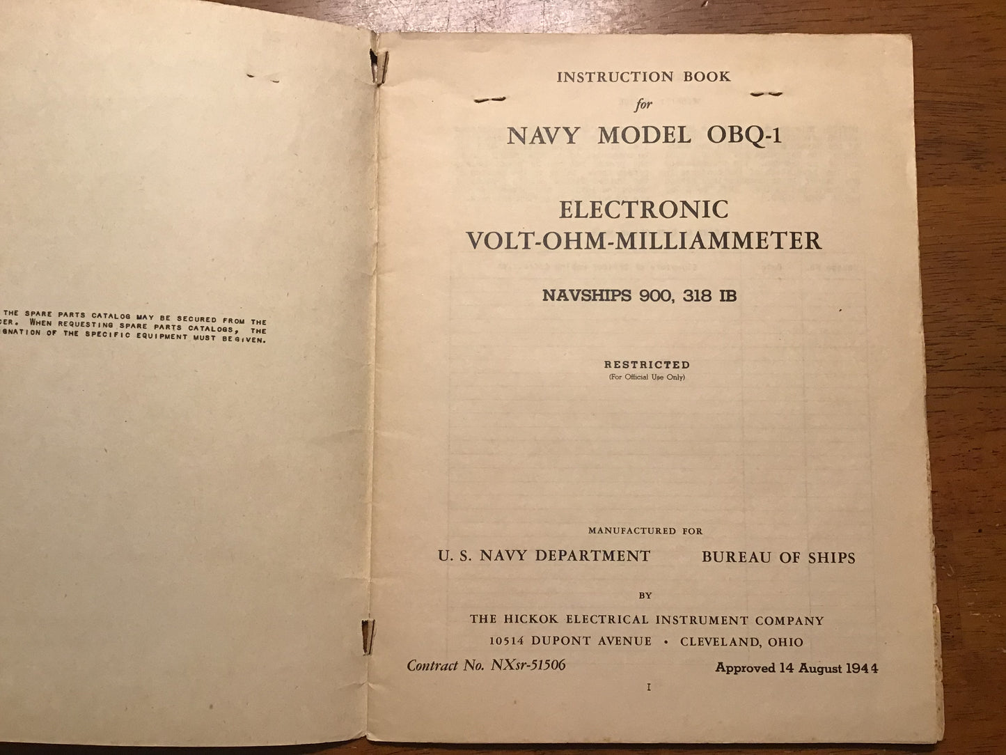 WWII U.S. Navy NAVSHIPS 900-318 IB OBQ-1 Electronic Volt-Ohm-Milliammeter Manual (Restricted) – Hickok 1944