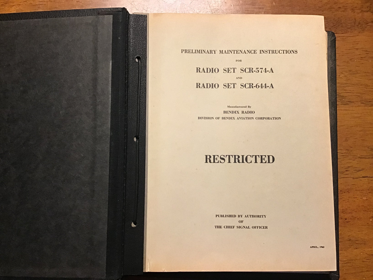 WWII Bendix Radio SCR-574-A / SCR-644-A Restricted Maintenance Manual Binder – BC-639-A, BC-638-A, BC-686-A & More (1943)