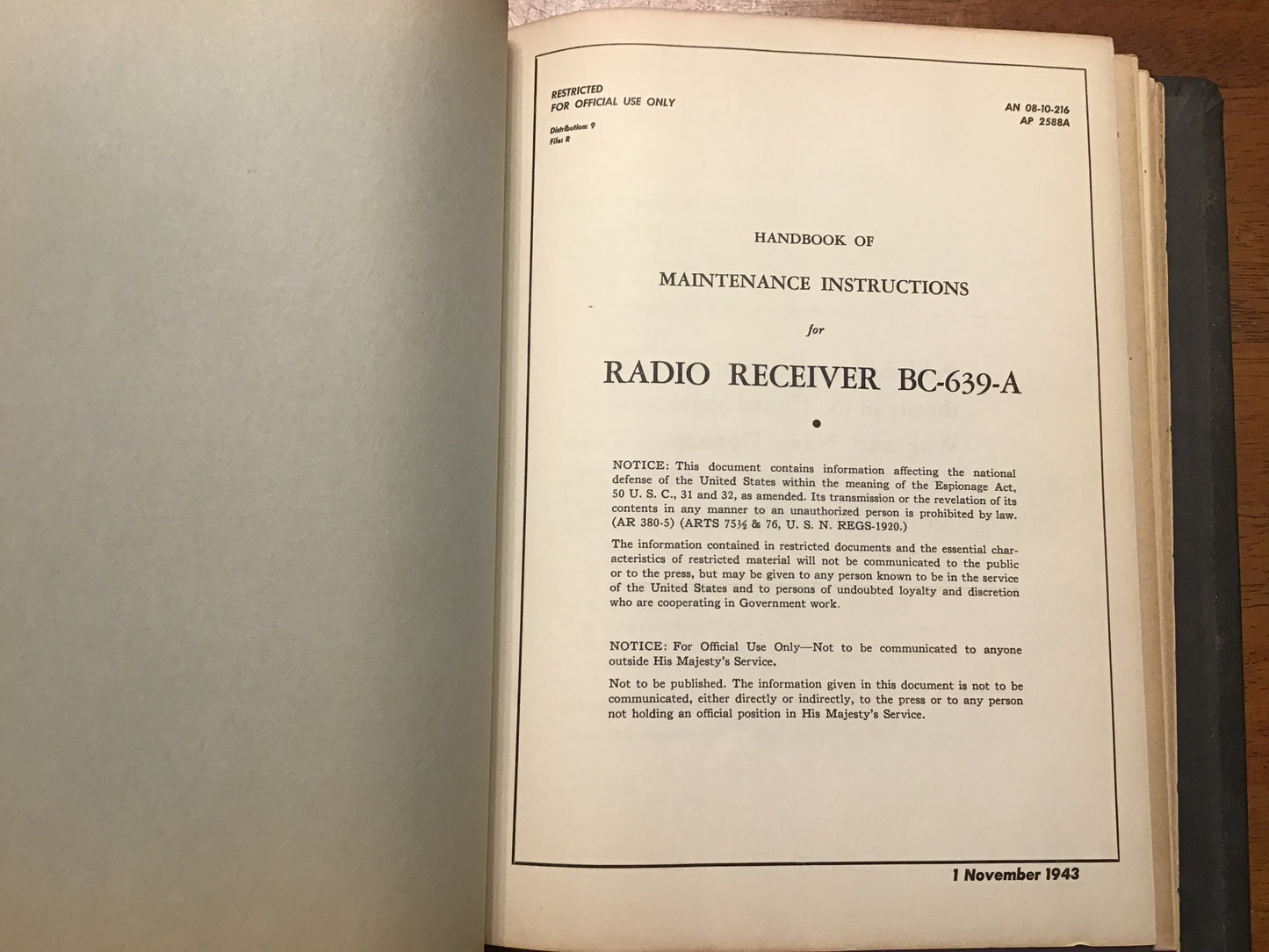 WWII Bendix Radio SCR-574-A / SCR-644-A Restricted Maintenance Manual Binder – BC-639-A, BC-638-A, BC-686-A & More (1943)