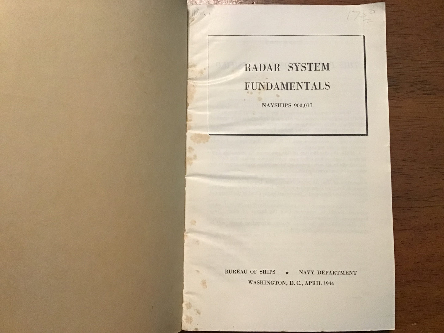 WWII U.S. Navy Radar System Fundamentals Manual NAVSHIPS 900,017 – April 1944 Original