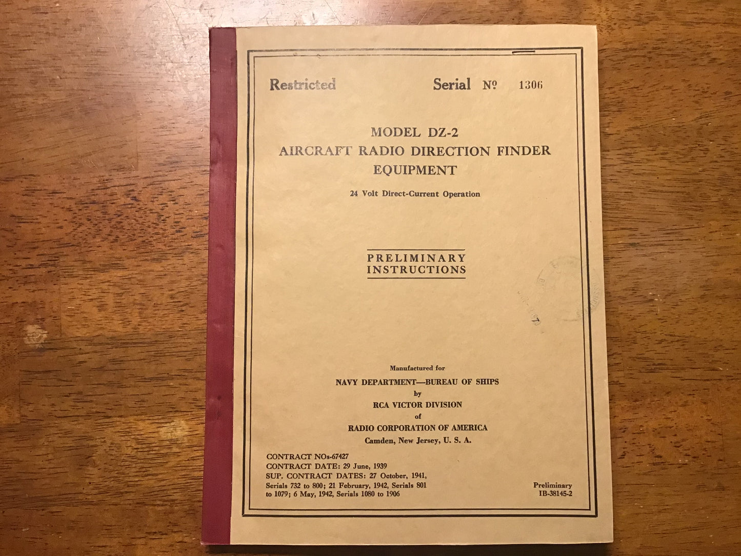 WWII U.S. Navy RCA Model DZ-2 Aircraft Radio Direction Finder Manual – Restricted BuShips Serial No. 1306