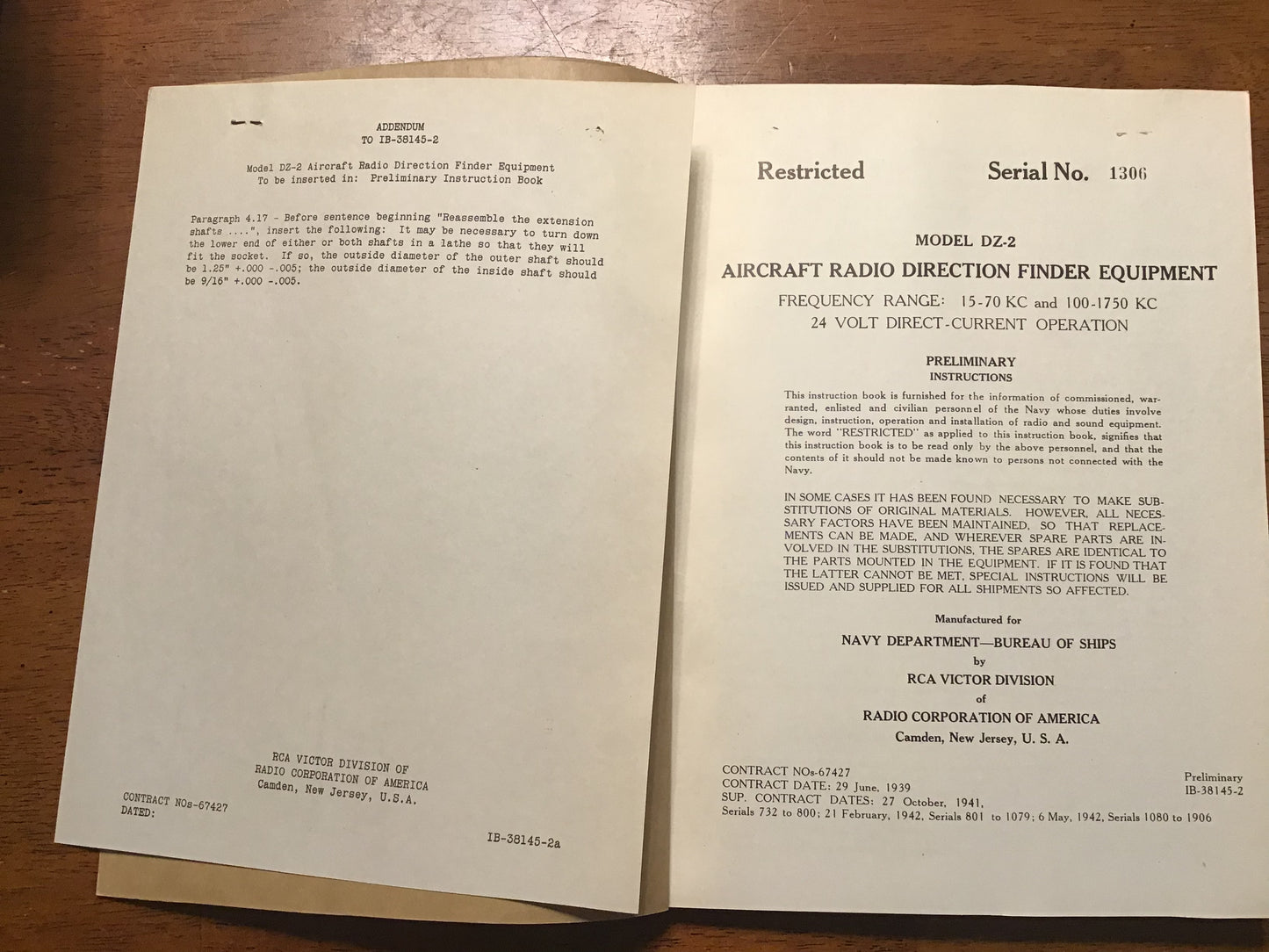 WWII U.S. Navy RCA Model DZ-2 Aircraft Radio Direction Finder Manual – Restricted BuShips Serial No. 1306