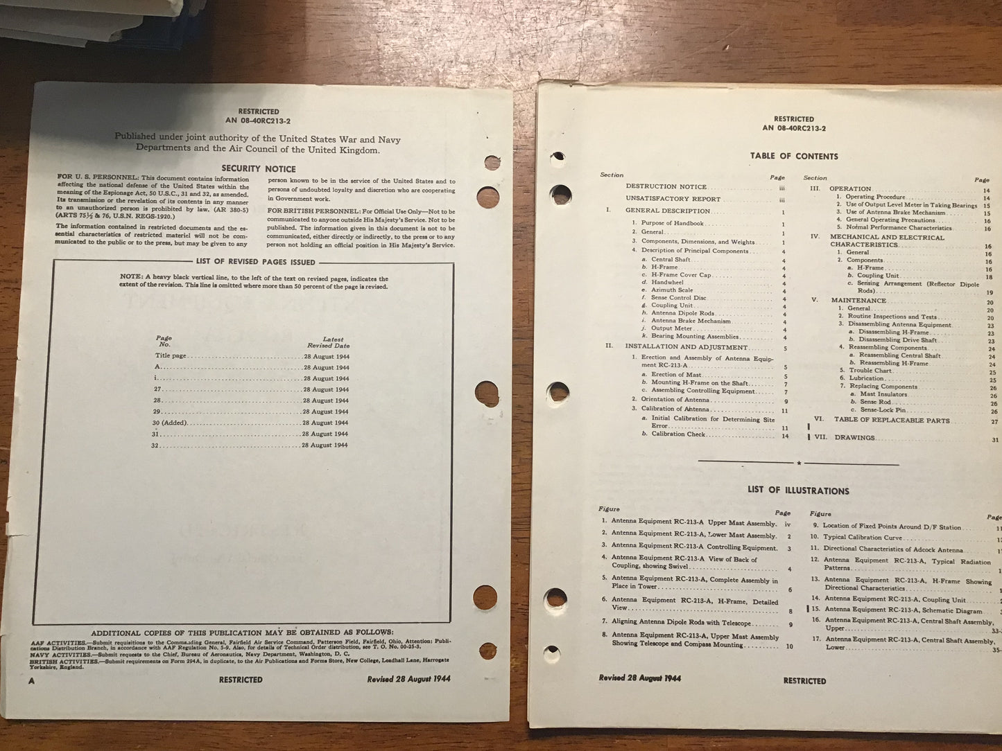 WWII U.S. Army-Navy RC-213-A Antenna Equipment Maintenance Manual – AN 08-40RC213-2 (1944/45)