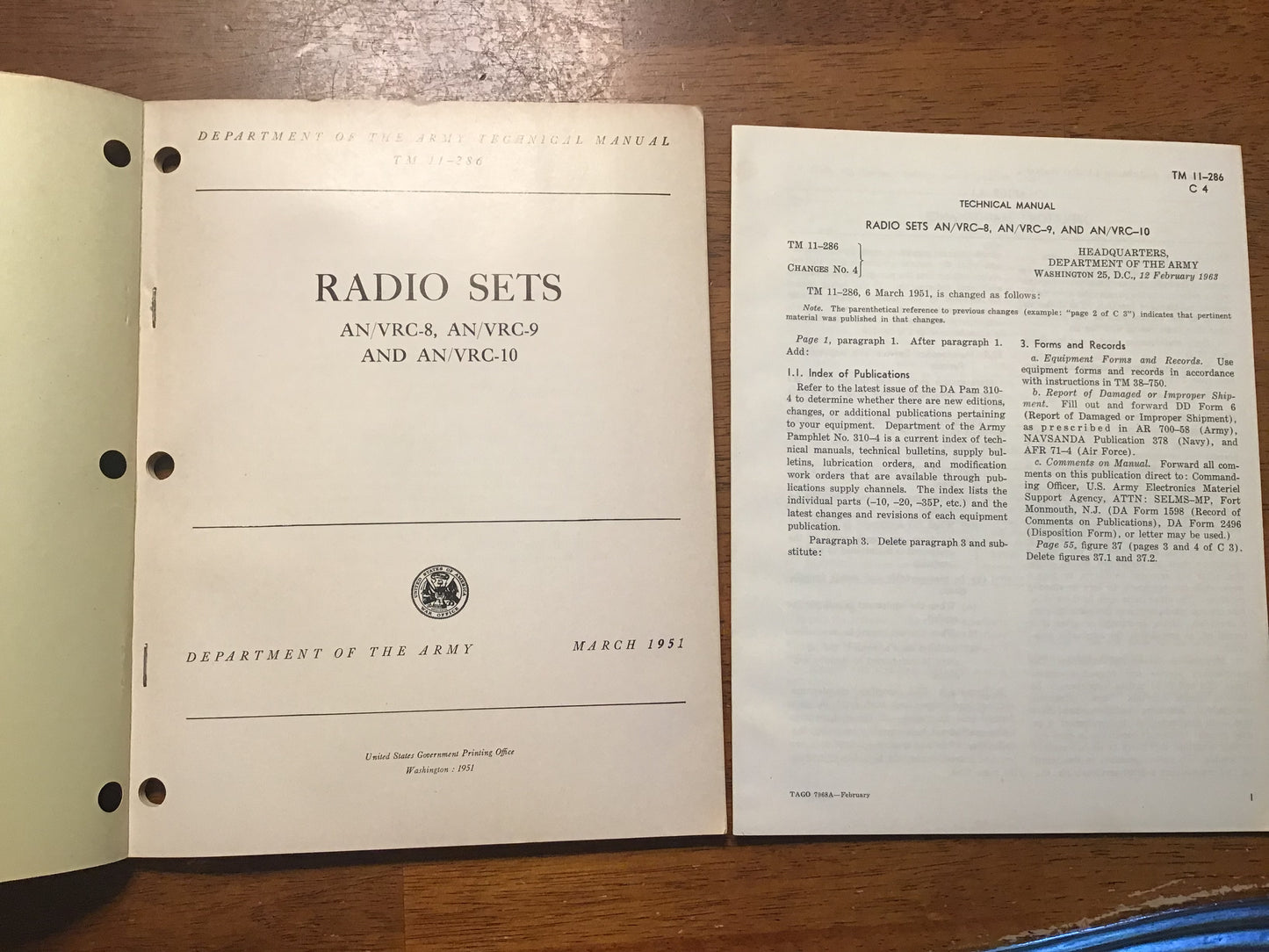 1951 U.S. Army TM 11-286 Radio Sets AN/VRC-8, AN/VRC-9 & AN/VRC-10 Manual with 1963 Change Sheet – Korean War Era