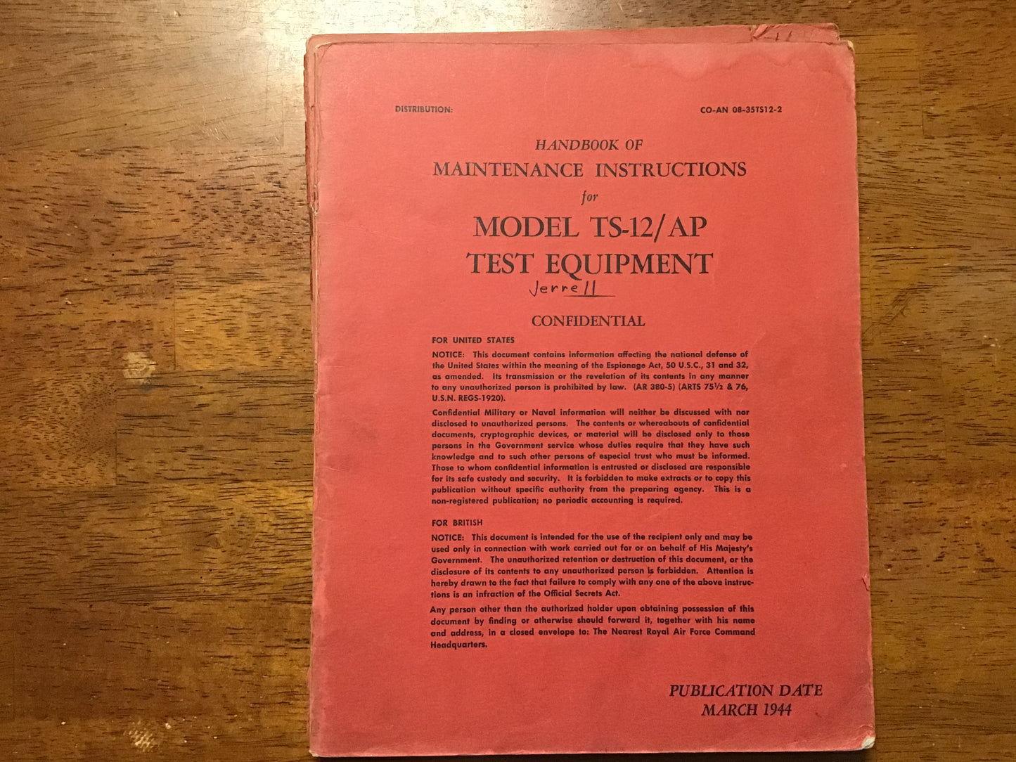 WWII U.S. Army Air Forces TS-12/AP Test Equipment Maintenance Handbook – Confidential – March 1944