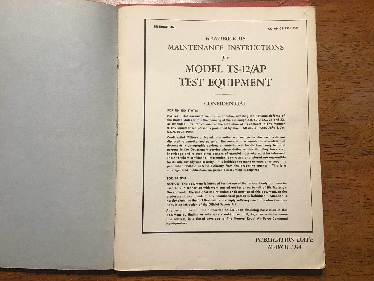 WWII U.S. Army Air Forces TS-12/AP Test Equipment Maintenance Handbook – Confidential – March 1944