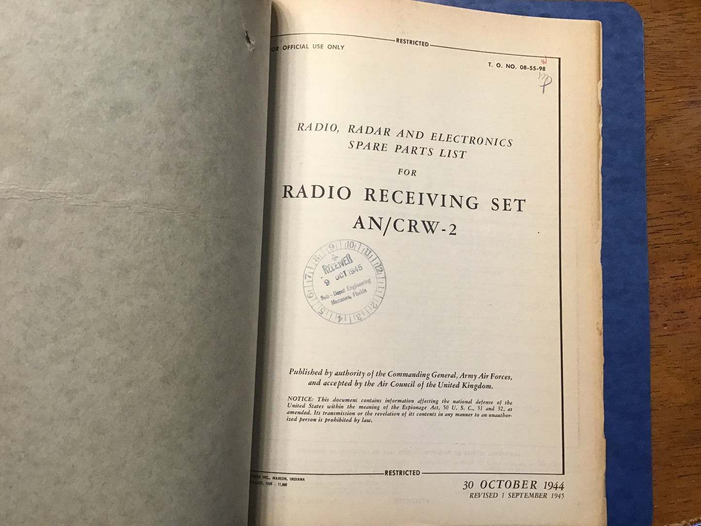 WWII U.S. Army Air Forces AN/CRW-2 & AN/CRW-2A Radio Receiving Set Manual Binder – Operating Instructions & Spare Parts – 1944–45