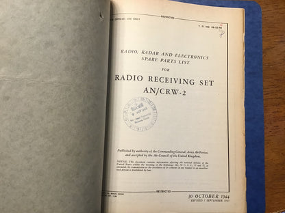 WWII U.S. Army Air Forces AN/CRW-2 & AN/CRW-2A Radio Receiving Set Manual Binder – Operating Instructions & Spare Parts – 1944–45