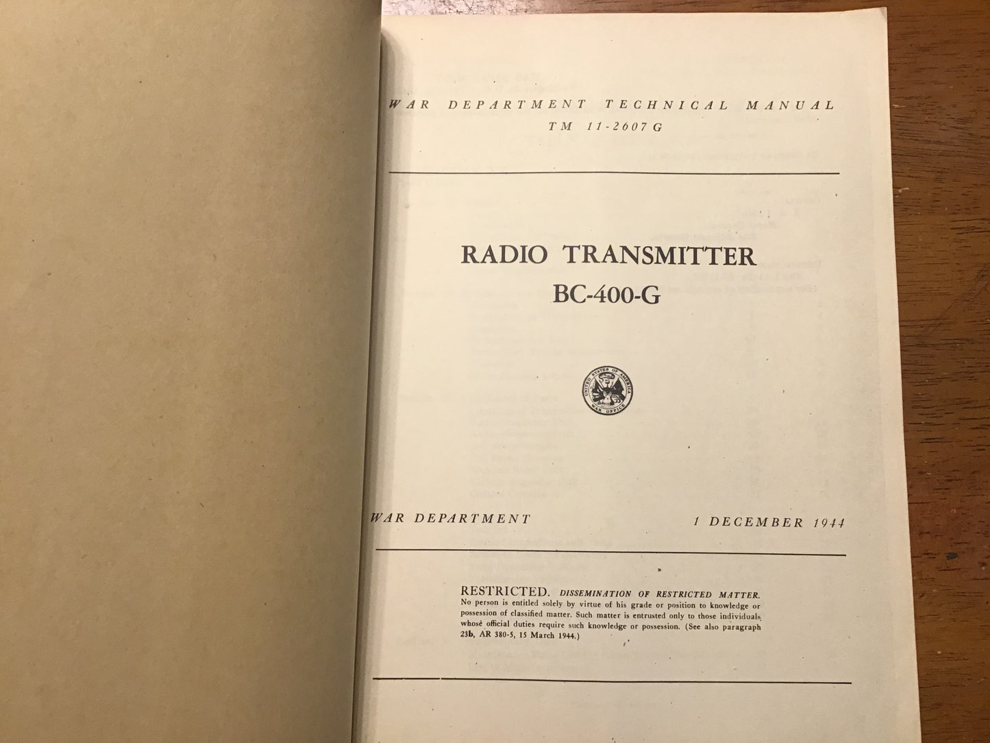 WWII War Department TM 11-2607G Radio Transmitter BC-400-G Technical Manual – Restricted – December 1944