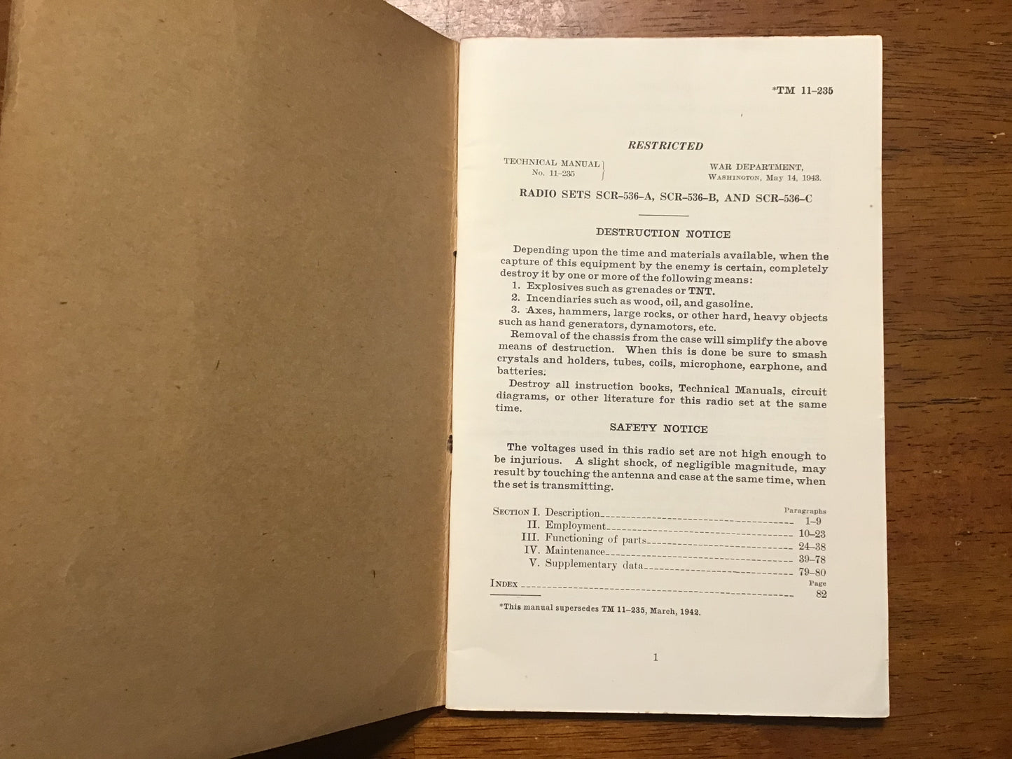 WWII U.S. Army TM 11-235 SCR-536 “Handie-Talkie” Radio Sets Technical Manual – Restricted – May 14, 1943
