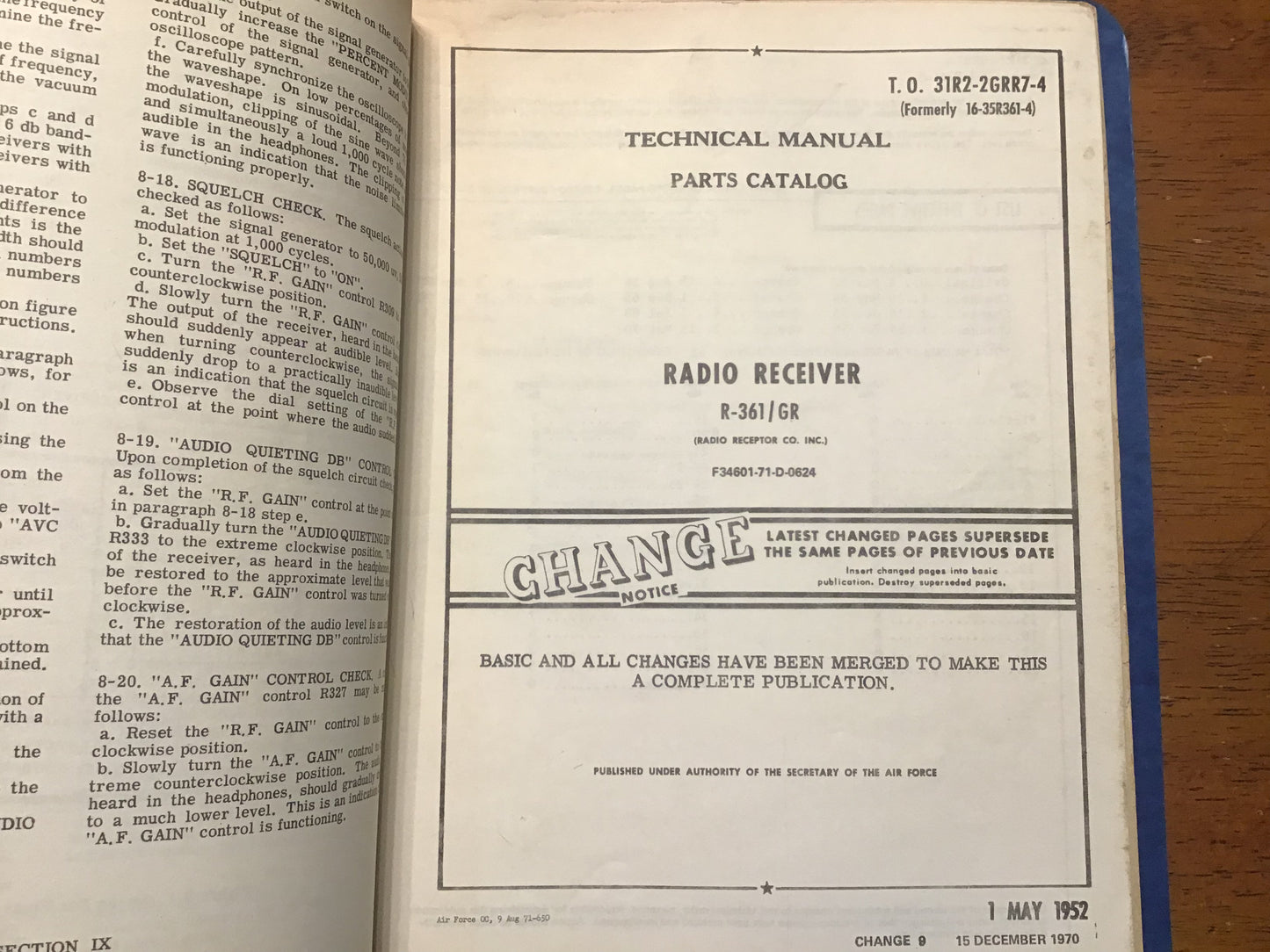 USAF AN/GRR-7 Radio Receiving Set Technical Manual Binder – R-361/GR – 1952–1970