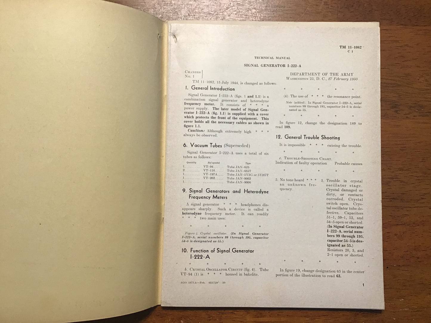 WWII 1944 TM 11-1082 Signal Generator I-222-A War Department Restricted Manual