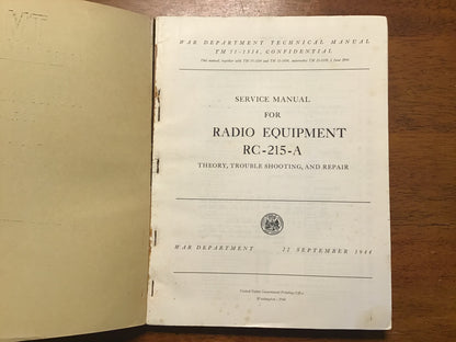 WWII 1944 TM 11-1534 Radio Equipment RC-215-A Service Manual CONFIDENTIAL