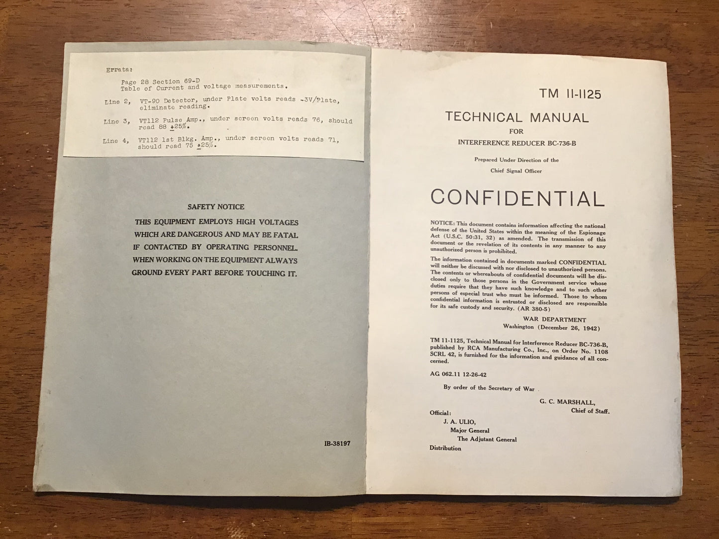 WWII 1942 TM 11-1125 Interference Reducer BC-736-B CONFIDENTIAL Signal Corps Manual