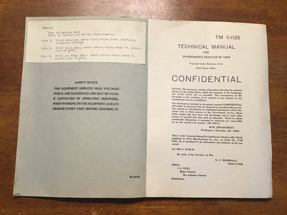 WWII 1942 TM 11-1125 Interference Reducer BC-736-B CONFIDENTIAL Signal Corps Manual