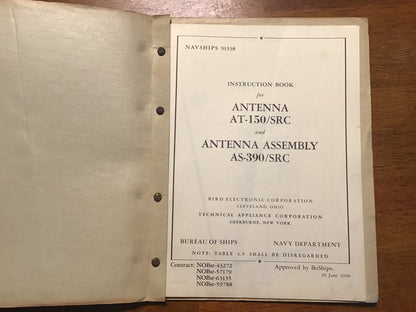 1950 US Navy NAVSHIPS 91338 Antenna AT-150/SRC AS-390/SRC Instruction Manual