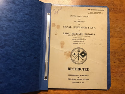 WWII 1942 USAAF Signal Generator I-196-A Radio Receiver BC-1066-A Manual Restricted