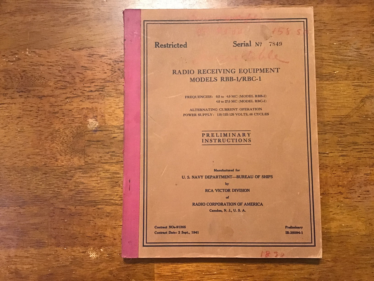 WWII 1941 US Navy RCA RBB-1 RBC-1 Radio Receiving Equipment Manual Restricted