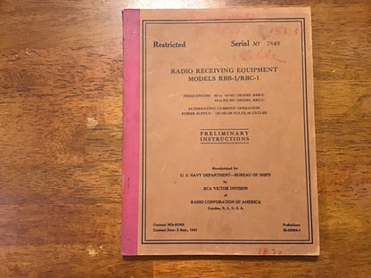 WWII 1941 US Navy RCA RBB-1 RBC-1 Radio Receiving Equipment Manual Restricted