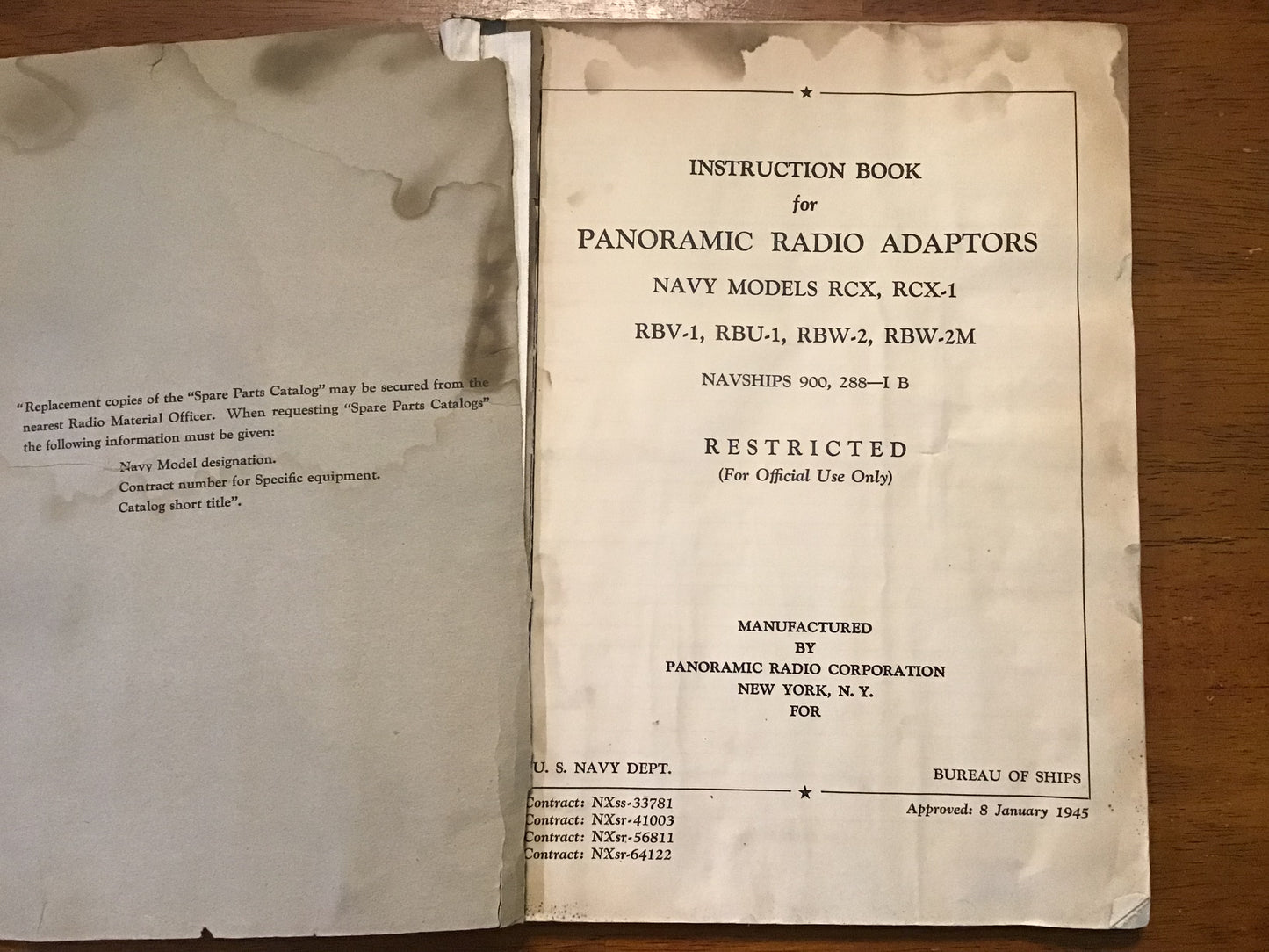 WWII 1945 US Navy Panoramic Radio Adaptors RCX RBV RBU RBW Manual Restricted