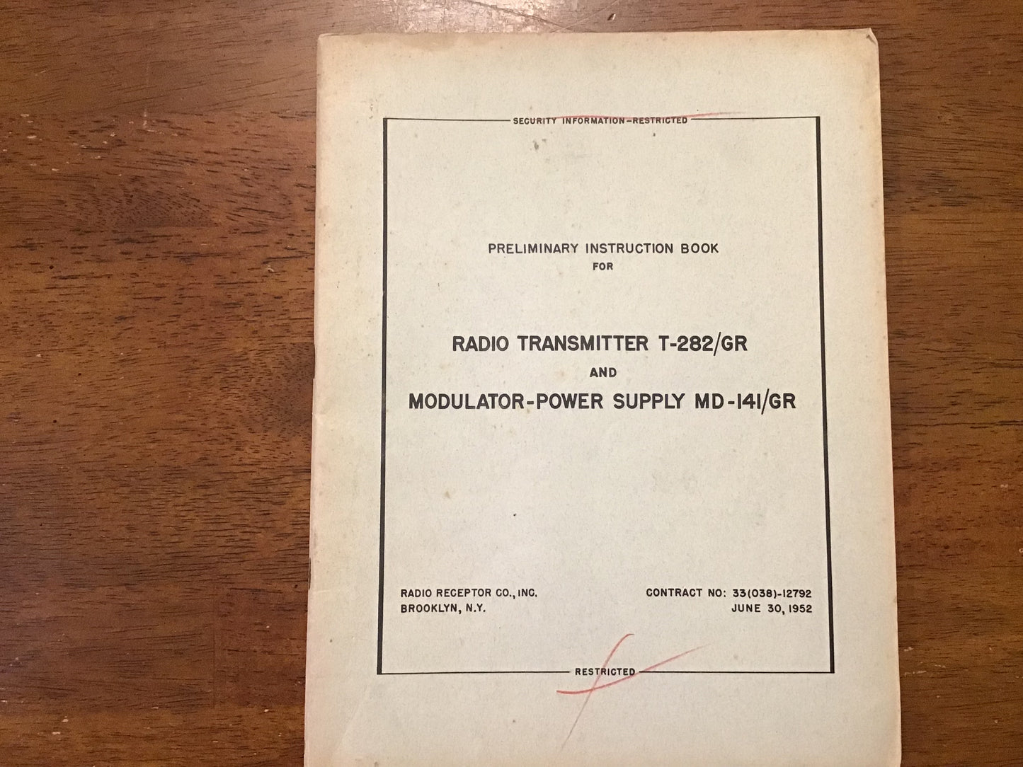 Korean War 1952 T-282/GR Radio Transmitter MD-141/GR Manual Restricted